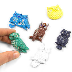 SALE-102, Glitzy Owls, koelkastmagneten in used look, set van 6