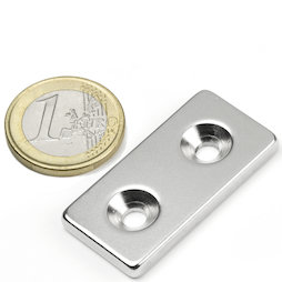 CS-Q-40-20-04-N, Block magnet 40 x 20 x 4 mm, with countersunk borehole, N35, nickel-plated