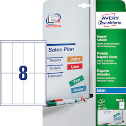 MIP-A4-03/40, Cartellini magnetici Avery J8875-5, per scaffali magnetici, lavagne bianche, etc..., formato cartellino: 140 x 50 mm, 40 cartellini magnetici su 5 fogli A4