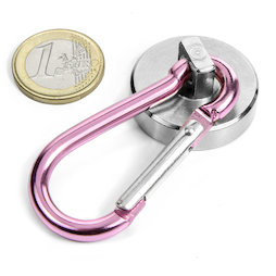 KTN-32P, Potmagneet met roze karabijnhaak Ø 32 mm, karabijnlengte 60 mm