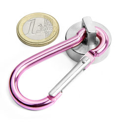 KTN-25P, Potmagneet met roze karabijnhaak Ø 25 mm, karabijnlengte 60 mm