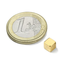 W-05-N50-G, Cube magnet 5 mm, neodymium, N50, gold-plated